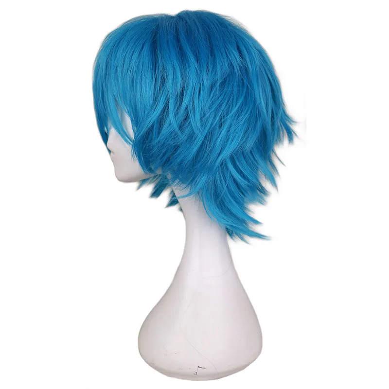 QQXCAIW Wig Cosplay Pendek Pria Hijau Biru Kostum Pesta Wig Rambut Sintetis Serat Suhu Tinggi