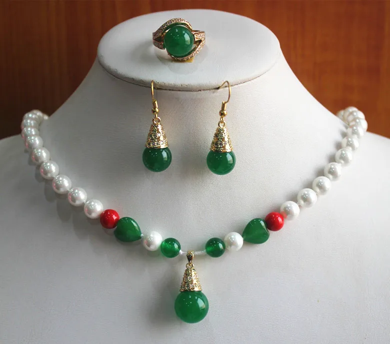 

hot sell new - party! Wholesale Women's 8mm white pearl and green stone Necklace earring ring(7/8/9) jewelry set #231