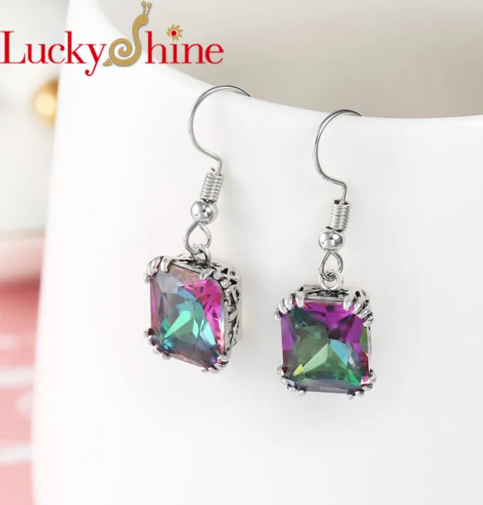 

Luckyshine Newest Silver Plated Unique Square Rainbow Mystic Cubic Zirconia Stone Drop Earrings Wedding Earrings