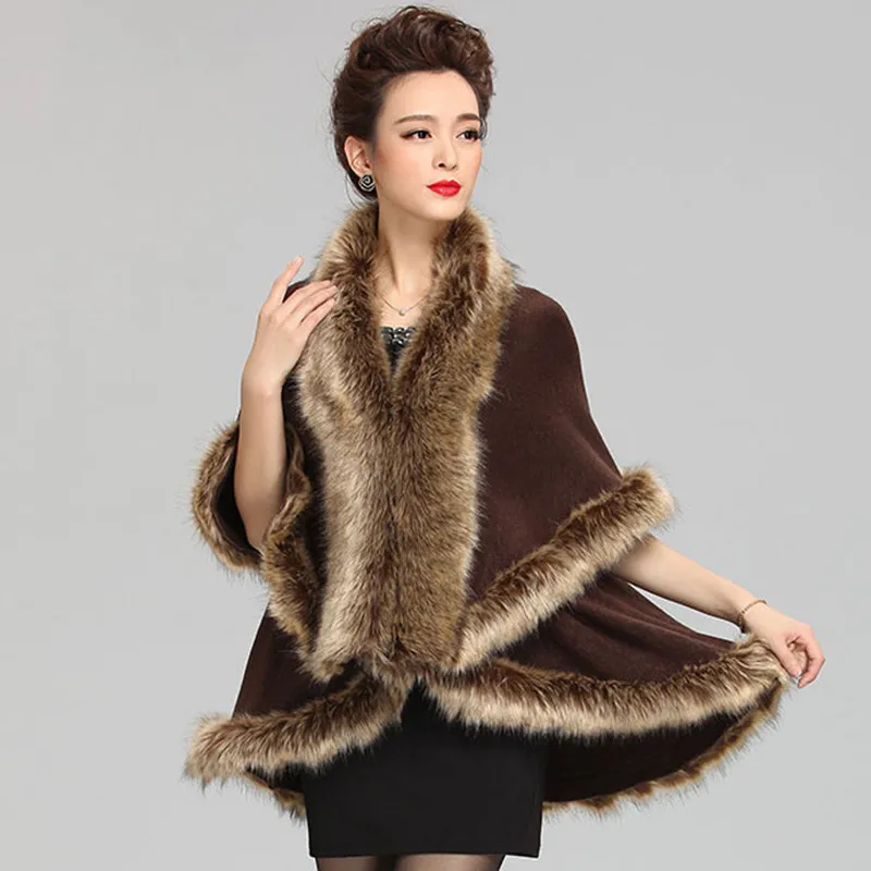 New Women  winter cape Faux Fox Fur Coat  Black Knitted Cardigan Poncho And Caps Knitted Sweater Lady Scarves Coat