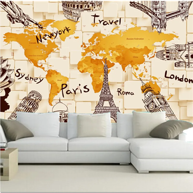 

The custom 3D murals,Retro map and famous city papel de parede ,living room sofa TV wall bedroom wall paper