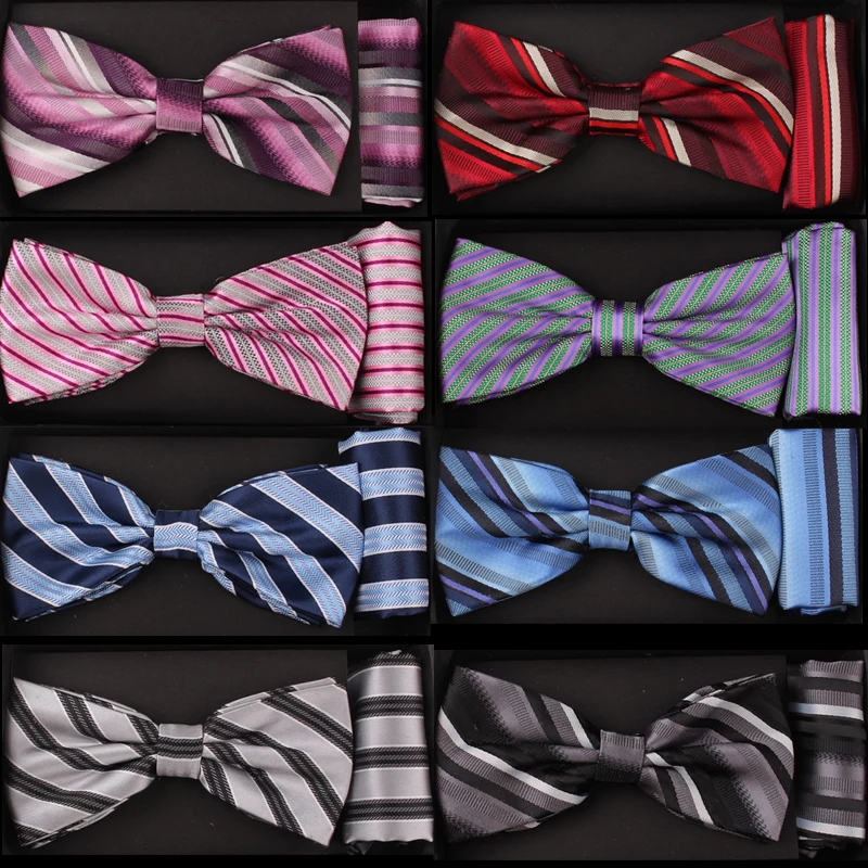 

New Striped Bowtie and Handerkief Sets For Men Neckwear Adjustable Mens Silk Bow Tie and Pocket Square Sets Pocket Towl Ties