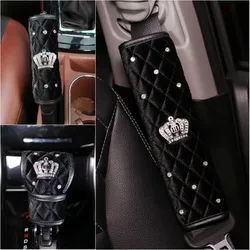 High Quality Plush Diamond Crown Car Safety Seat Belt Cover Shoulder Pad Hand Brake Gear Shifter Cover Auto Interior Accessories