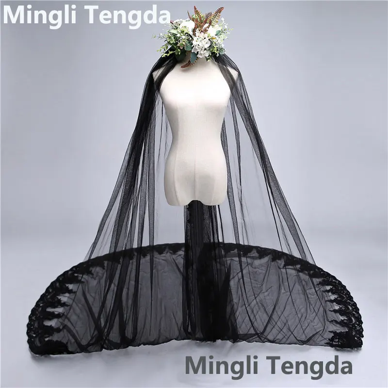 One Layer 3 M Long Wedding Veil Black Lace Bridal Veil with Comb Velos De Novia Sequins Lace Edge Cathedral Veils Mingli Tengda