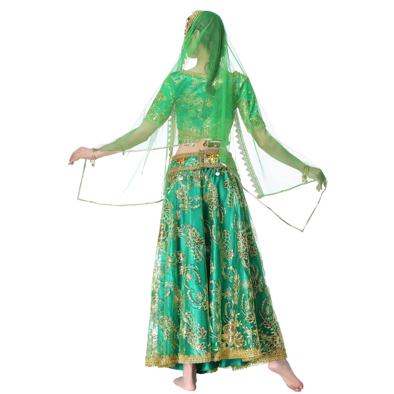 Halloween Vrouwen Buikdans Slijtage Indian Dance Outfits Organza Geborduurde Munten Bollywood Kostuum 4 Stuks Set (Top + Riem + Rok + Sluier)