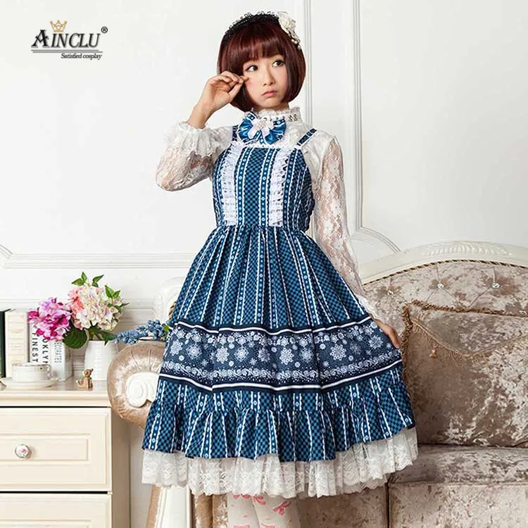 Ainclu Sweet Style Women's Royal Blue Polyester Gemstone Snowflakes Adorable Sweet Princess Lolita Dress