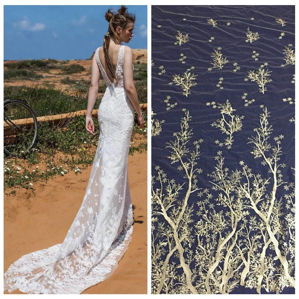 5yards 2018 New fashion lace fabric tulle wedding dress lace Branch embroidery bridal dress fabric alencon lace french lace