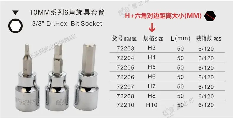 

BESTIR TOOL high quality S-2 alloy steel ANSI 10mm Dr.hex bit socket 3/8 H3 H4 H5 H6 H7 H8 H10 auto repair tools