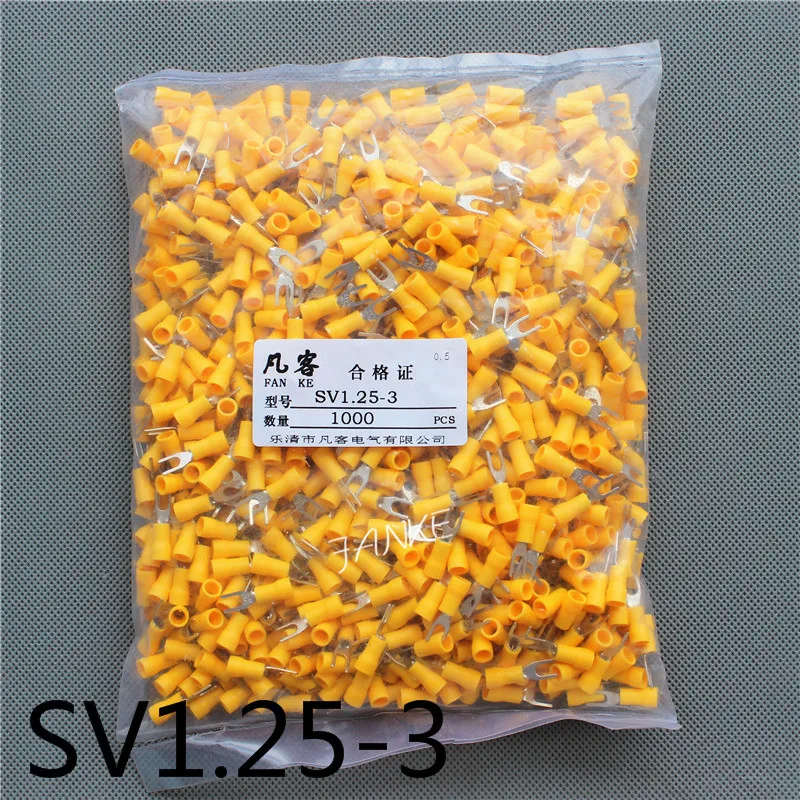 1000pcs SV1.25-3 Pre insulated cold pressed terminals Furcate Y/U shape wire crimp terminals Brass for AWG22-16 Thickness 0.5MM