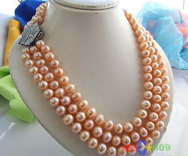 

3ROW 9-10MM PINK ROUND FRESHWATER CULTURED PEARL NECKLACE SHELL pendant