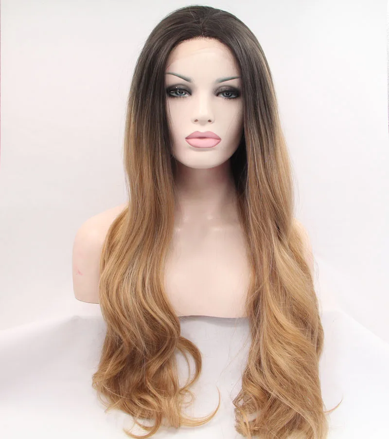 

Sylvia Ombre Brown Synthetic lace Front Wigs Long Body Wave Hair Heat Resistant Fiber Wig For Women Soft Lace