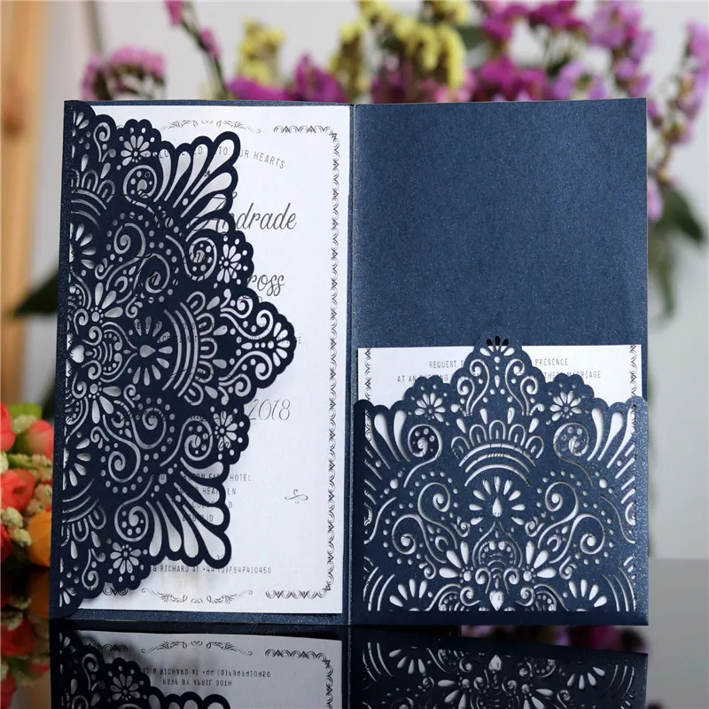 10 Pieces Tri-Fold Laser Cutout Openwork Flower Wedding Invitations Card Set Postcard High-end Business Dealings Can Print