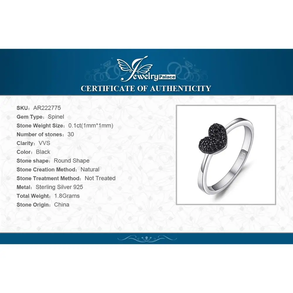 JewelryPalace-Anillo de amor con forma de corazón para mujer, de Plata de Ley 925, bonito anillo de promesa de espinela negra Natural, joyería de