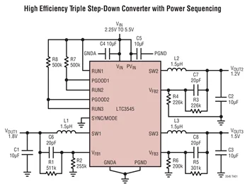 LTC3545EUD LTC3545IUD LTC3545EUD-1 LTC3545IUD-1 LTC3545 LGFG LDYS - Regulador Step-Down síncrono triplo 800mA - 2,25 MHz