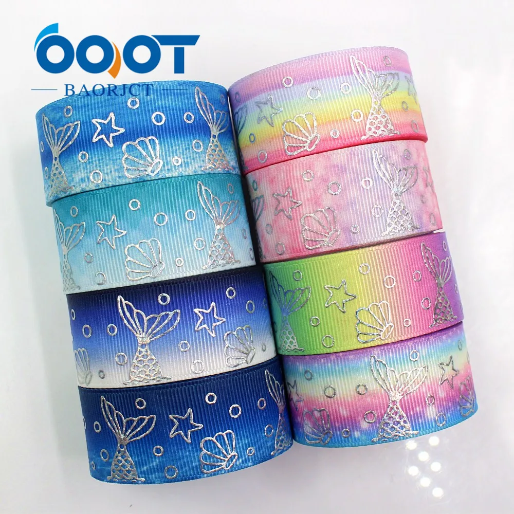 OOOT BAORJCT G-18808-901,10 yards 25 mm Laser silver seabed Cartoon printed grosgrain ribbon DIY wedding gift packaging material