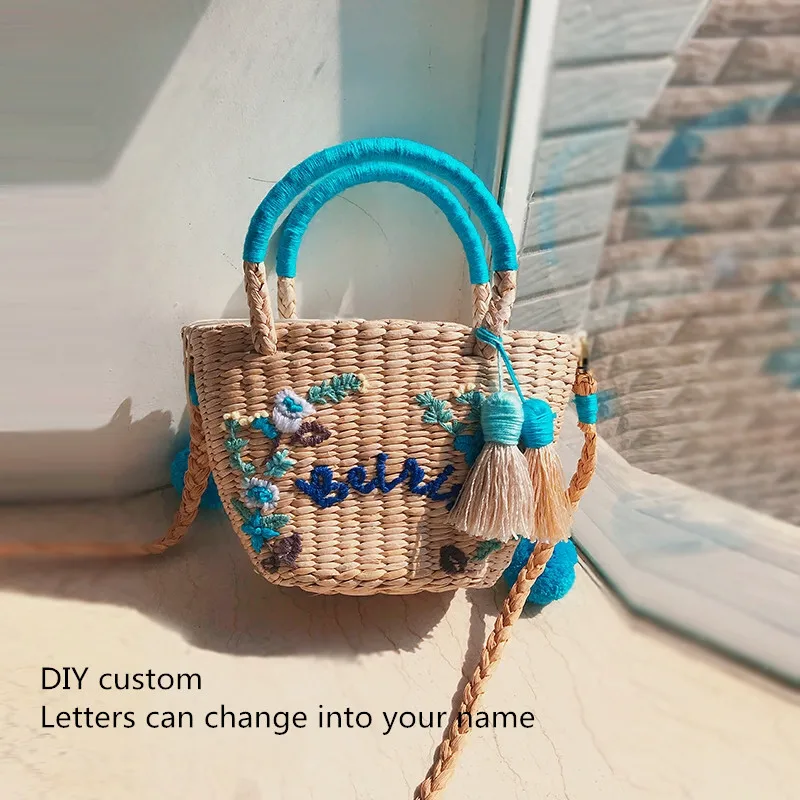 DIY Custom letters Women Straw Handbag Fashion Flower Hit Color Shoulder Bags Shoulder Bag Large Big Letter Tassel Straw Beach