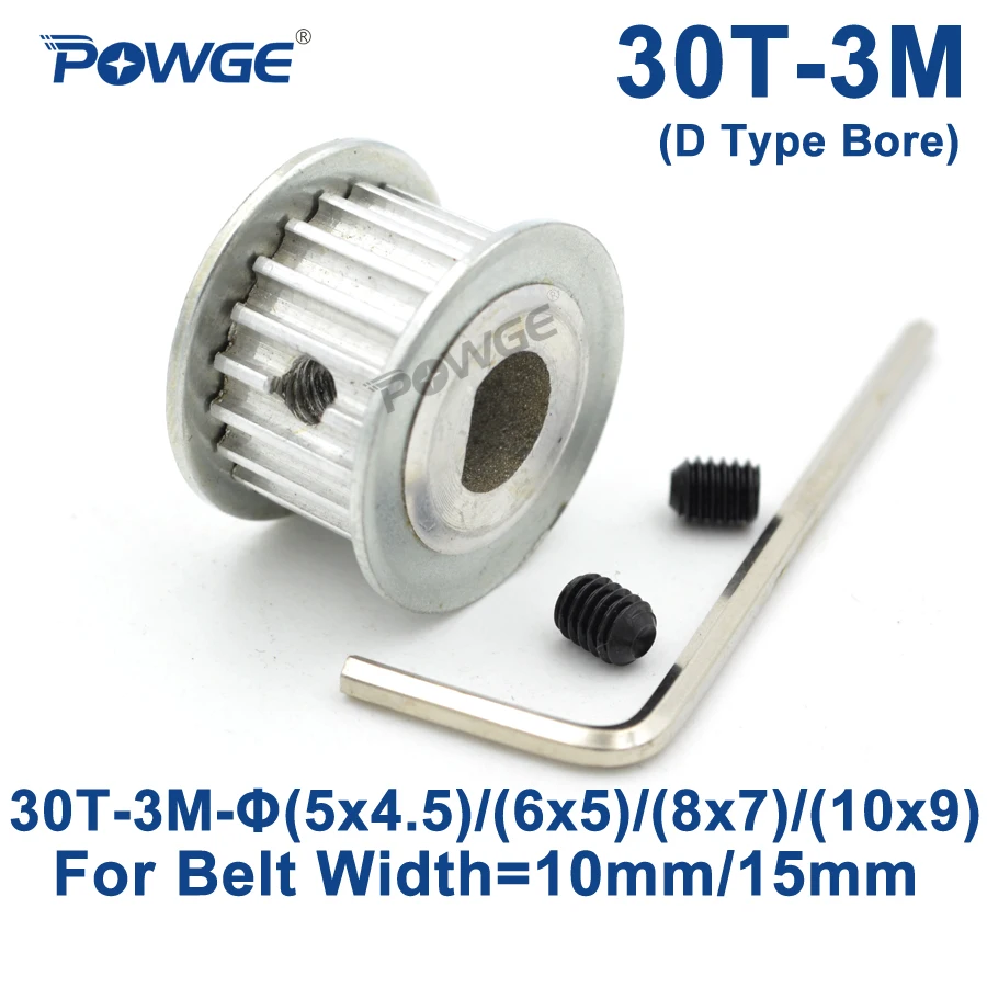 POWGE 30 Teeth HTD 3M Synchronous Pulley D Type Bore 5x4.5/6x5/8x7/10x9mm for Width 10/15mm 3M Timing belt HTD3M 30Teeth 30T