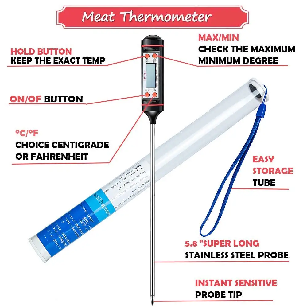 LMETJMA Digital Instant Read Meat Thermometer Kitchen BBQ Grill Thermometer Probe Water Milk Meat Turkey Thermometer Tool KC0222