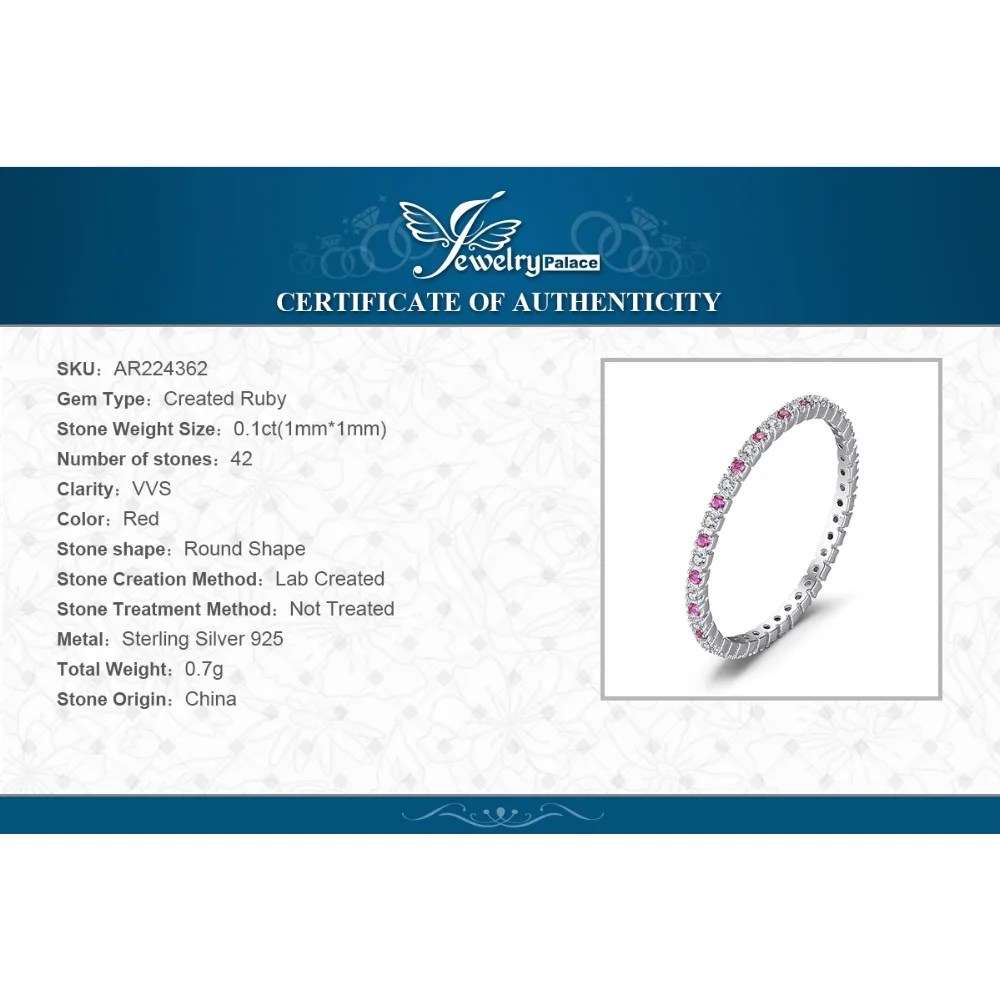 JewelryPalace Created Ruby 925 Sterling Silver Wedding Band Ring for Women Engagement Party Fine Jewelry Stackable Fashion Gift
