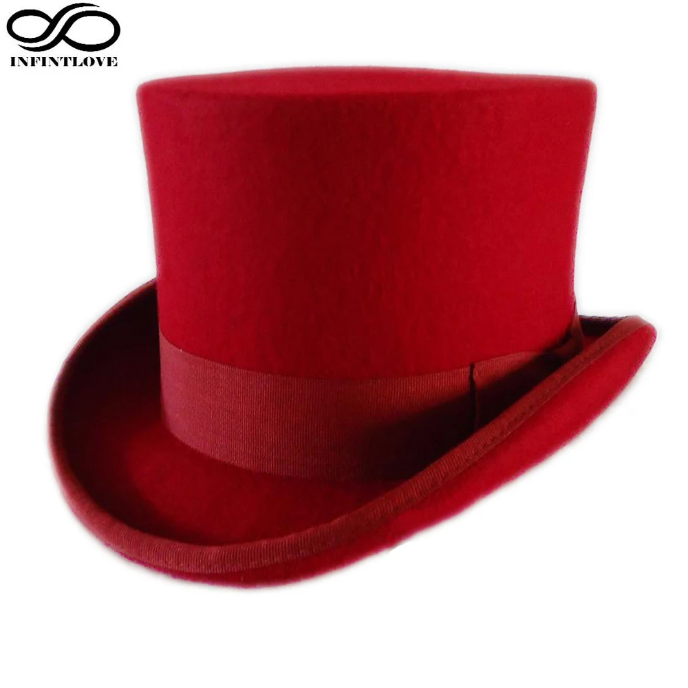 LUCKYLIANJI 13.5cm Red Color Steampunk Victorian Formal Top Wool Felt Vintage Magician Fedoras Mad Hatter President Bowler Hat