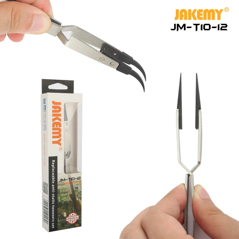 Jakemy JM-T10-12ステンレス鋼精密帯電防止esdピンセット、電話修理用の湾曲したまっすぐなプラスチックチップ付きbga作業