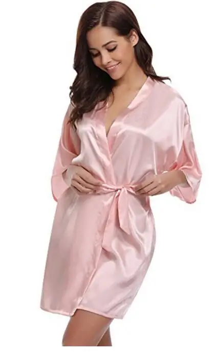 Women Silk Satin Short Night Robe Solid Kimono Robe Fashion Bath Robe Sexy Bathrobe Peignoir Femme Wedding Bride Bridesmaid Robe