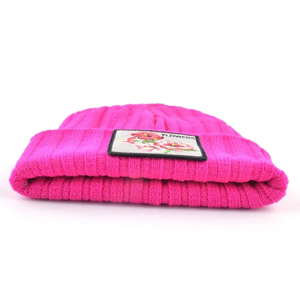 Women's Hat With Flower Patch Autumn Winter Knitted Skullies Beanies Women Winter Soft Double Layer Knit Bonnet Caps Men Gorras