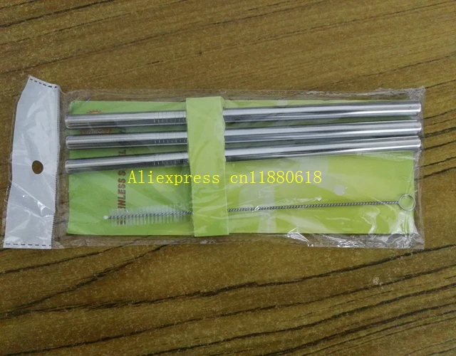 100sets/lot Free Shipping 1set =3pcs 9.5*215mm straws +1pcs brush Metal Drinking Straw Stainless Steel Drinking Straw