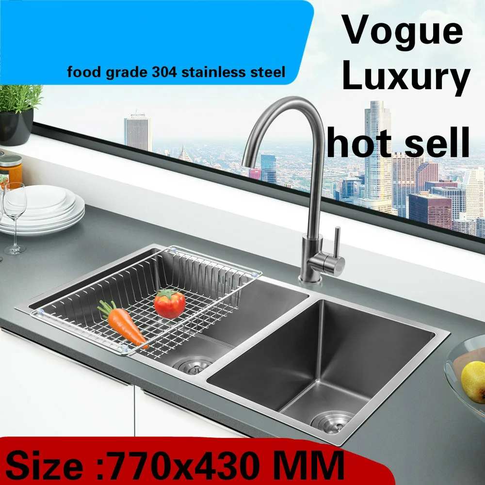 

Free shipping Home vogue kitchen manual sink double groove high capacity wash vegetables 304 stainless steel 77x43 CM