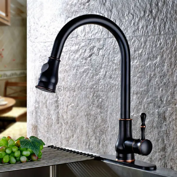 

Modern Soild Brass Single Handle High Arc Pull-Down Black Kitchen Faucet with Sprayer, Oil Rubbed Bronze B3272