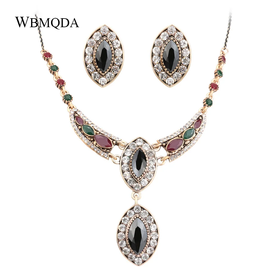 2 Pcs/lot 2018 Vintage Crystal Layered Necklace Earrings For Women Ethnic Antique Gold Indian Jewelry Sets Free Shipping