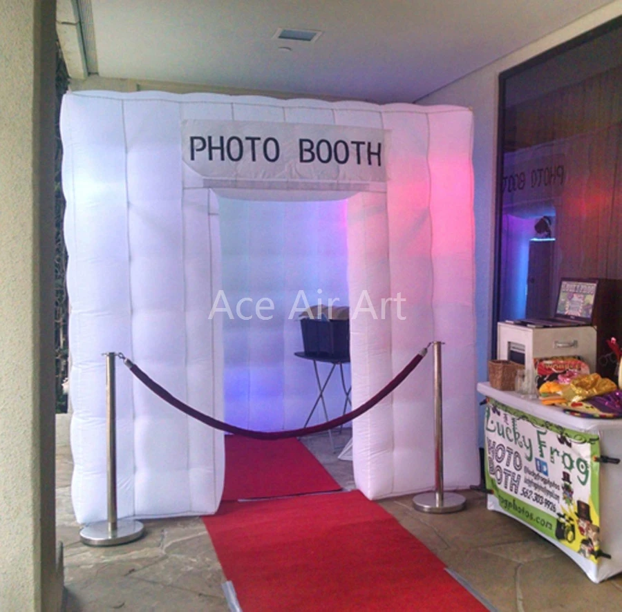 

2.4m Glowing Cube White Inflatable Photo Booth Led Inflated Cabinet with Text Logo and 2 Doors for Sale