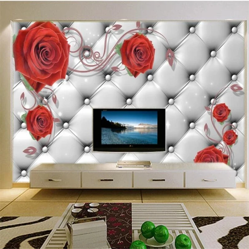 beibehang Custom wallpaper soft bag red rose stereo photo mural 3D background wall painting Living room bedroom wallpaper mural