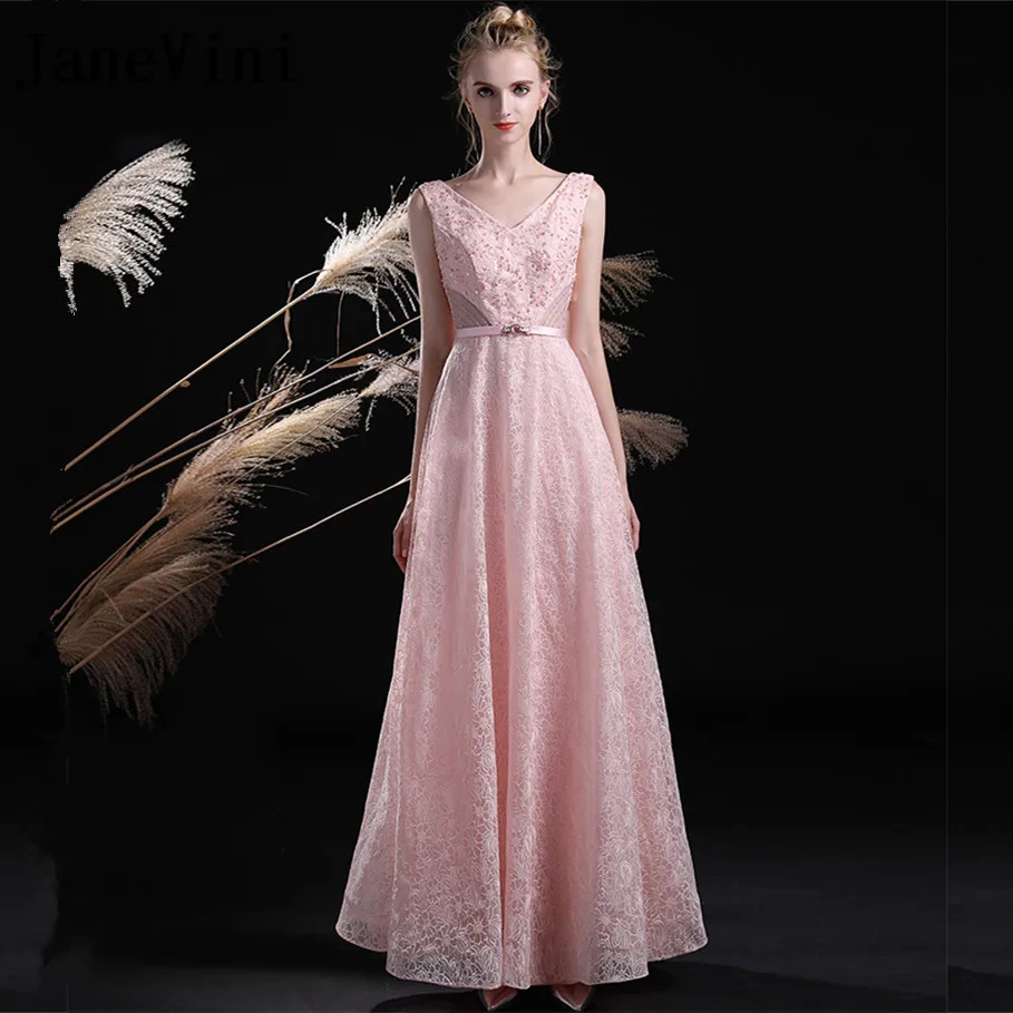 

JaneVini Elegant Lace Pink Sequined Beaded Long Bridesmaid Dresses A Line V Neck Party Prom Gowns Plus Size Maid of Honor Dress