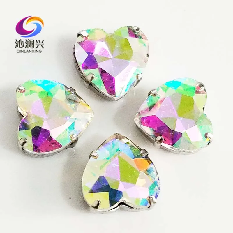 

AB color heart shape top quality Glass Crystal claw rhinestones,sew on stone with hole for Diy Clothing accessories SWH06