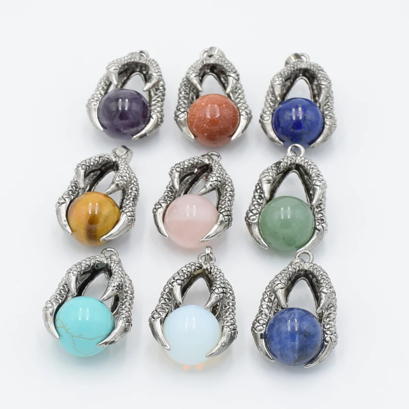 Vintage Reiki Jewellery Punk Men Silver Color Dragon Claw Pendant Round Ball Stone Natural Amethysts Quartz Opal Stone Pendants