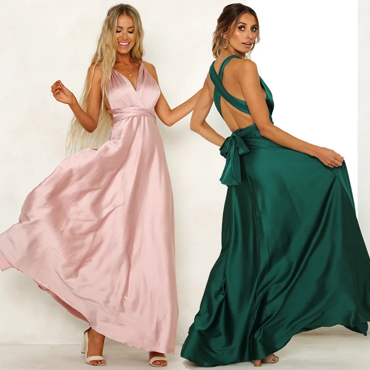 Satin Kleid Maxi Kleider Für Frauen Partei Sexy Backless Rosa Grün Sommer Kleider Spaghetti Strap Lange Verband Kleid Bodycon 2022