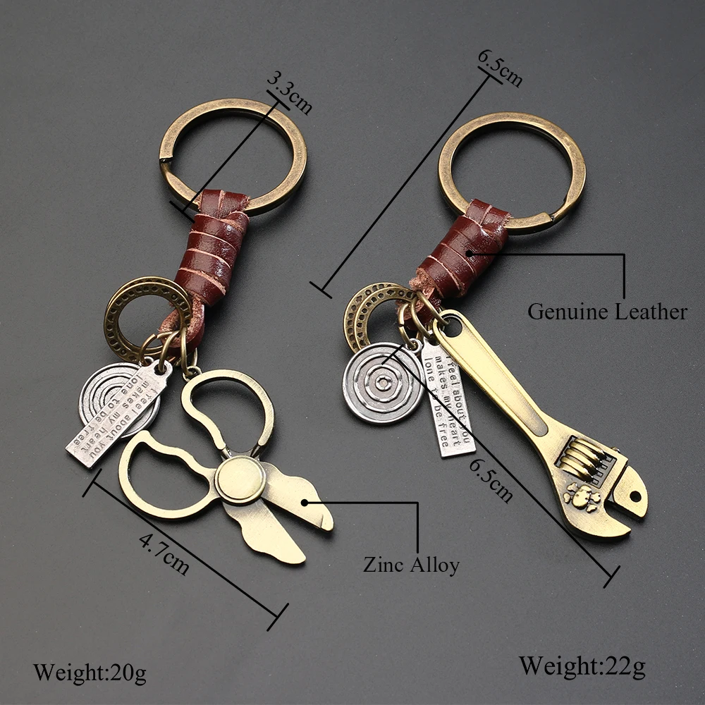 2024 Trend Jewelry Vintage Brown Scissors Spanner Leather Keychain Simple Handwork Weave Alloy Accessories Men Key Chain