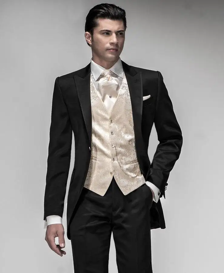 

2019 комплект из 3 предметов Свадебные смокинги Черный One Button Groomsmen Лучший мужской костюм для выпускного костюмы для торжественных случаев (пиджак + брюки + галстук + жилет) terno
