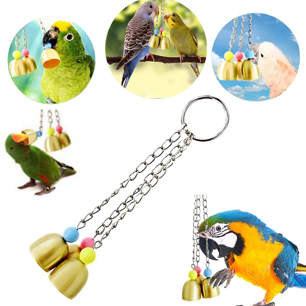 1Pc Pet Bird Parrot Pigeon Hanging 3 Bells Chain Cage Stand Bite Playing Sound Toy Колокольчик игрушка птица