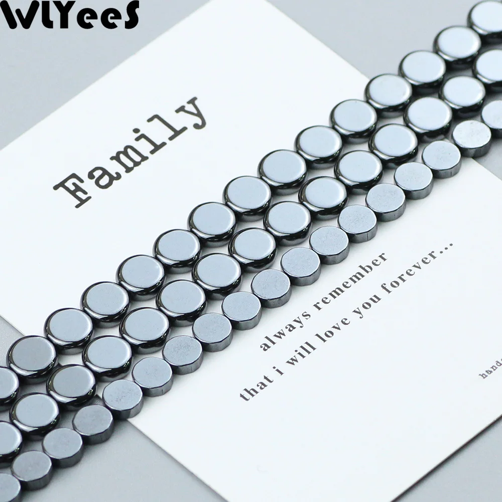 WLYeeS Round Coins Hematite Beads Natural Black Stone Flat Spacer Loose Bead for Jewelry Bracelet Earring Making Accessories DIY
