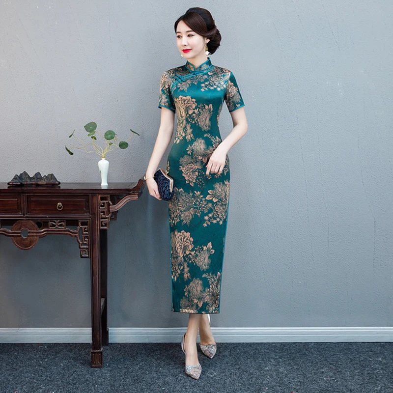 Novelty Clothes Female Satin Long Evening Cheongsam Chinese Women's Qipao Sexy Print Flower Dresses Vintage Button ZAYS520