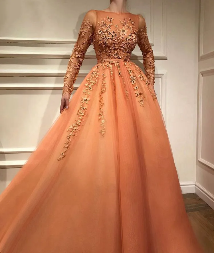 Orange Muslim Evening Dresses Plus Size Scoop Neckline Long Sleeves Evening Gown Lace Beaded Tulle A-Line Formal Prom Dress