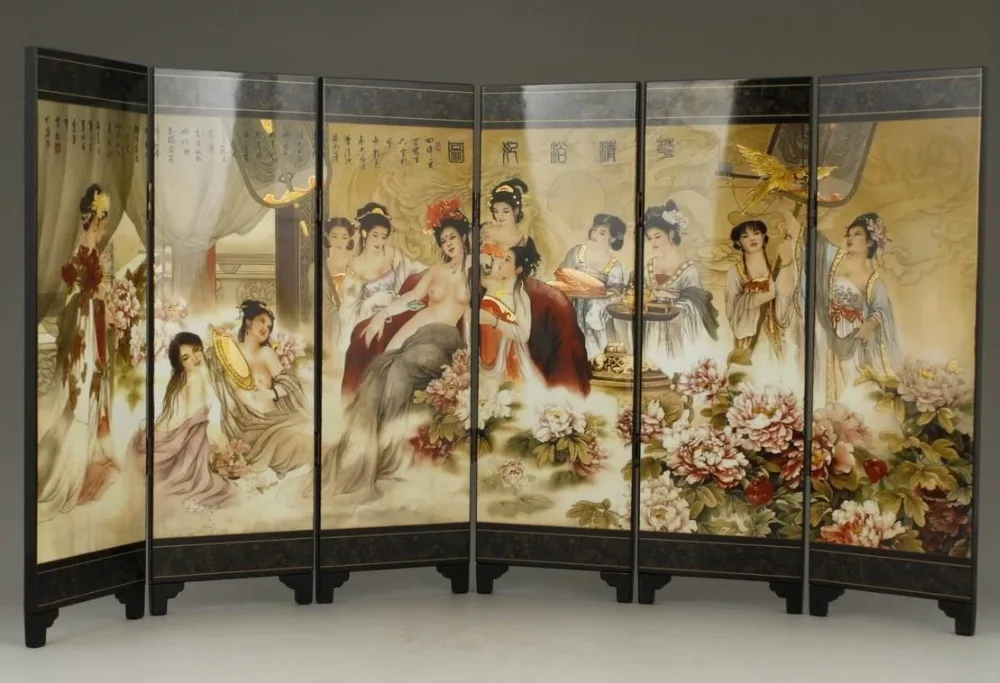 ( Mini ) Exquisite Chinese Classical  Lacquer Painting Folding Screen of  Beauties is Bathing