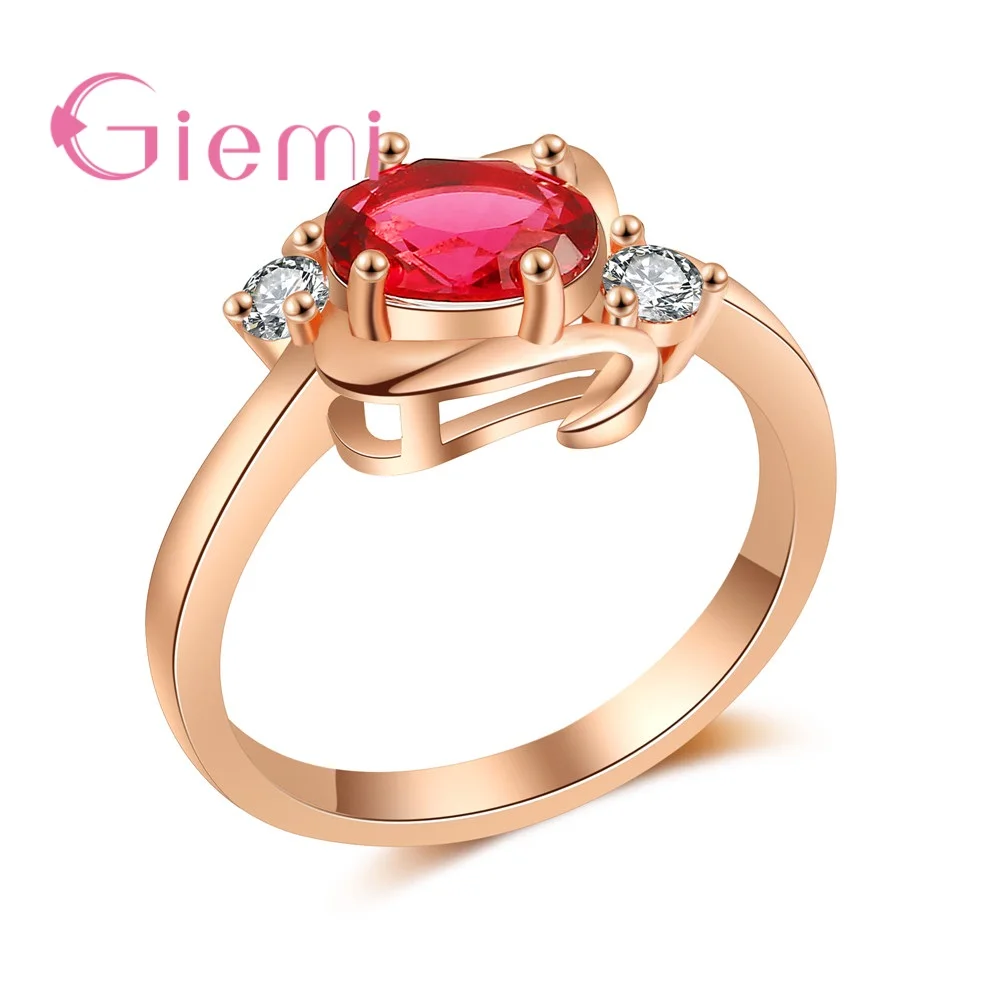 Modern Popular Rose Gold Color Finger Rings Hard Red Oval Shape Cubic Zirconia For Women Ladies Crystal Jewelry Present