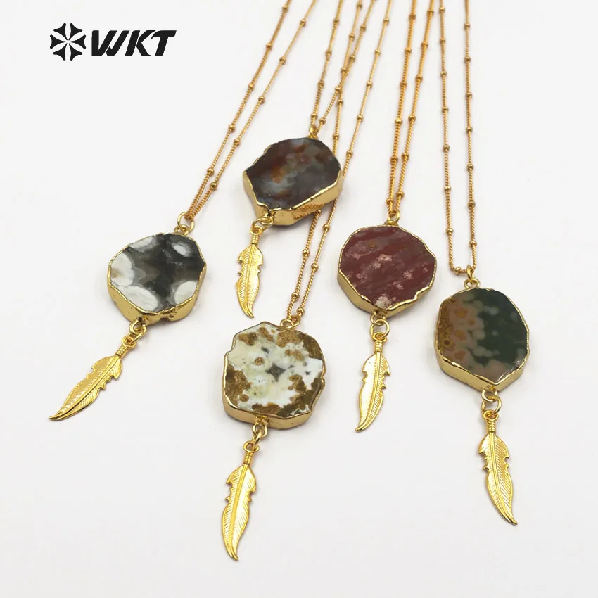 WT-N1131 Wild Coast Jewelry Ocean Stone With Gold Dipped Mini Feather Pendant Necklace 18 Inch Bohemia Gift For Women