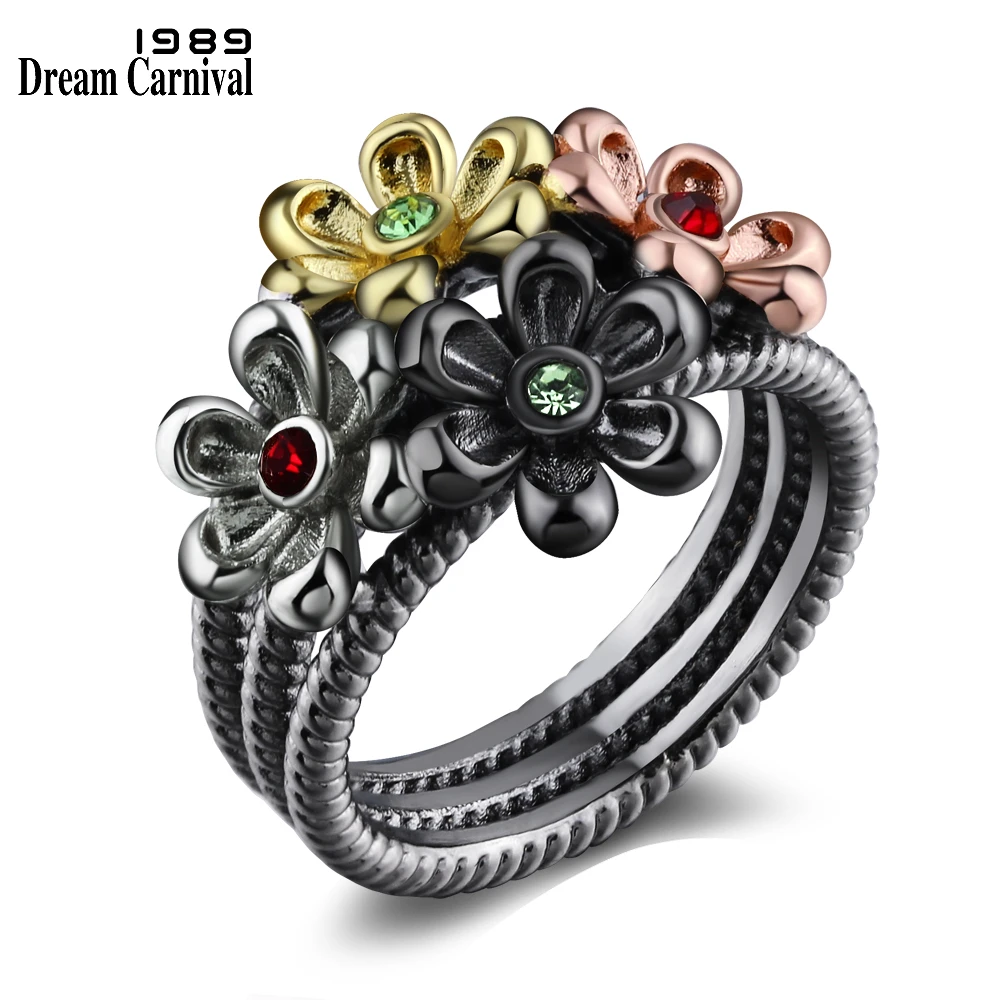 DreamCarnival 1989 New 4 Cute Muti Flowers Neo-Gothic Zirconia Vintage Ring for Women Black Gold Color Wholesales Gifts WA11533