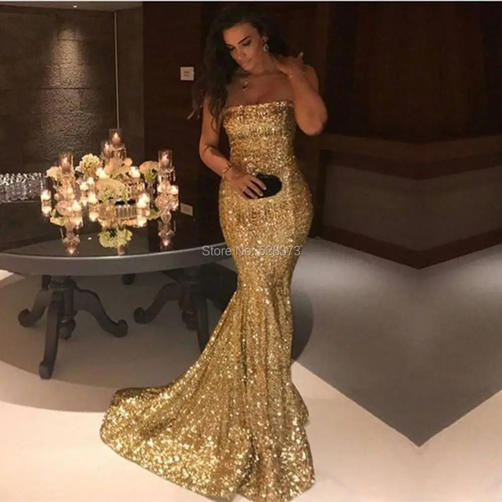 YNQNFS ED98 Vestido Longo Strapless Mermaid Evening Dress Gold Bling Sequins Formal Party Ball Gowns 2018