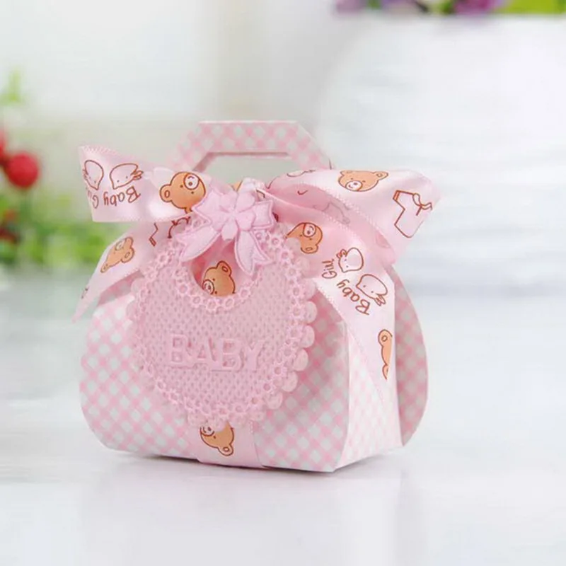 12pcs/lot Bear Shape DIY Paper Wedding Gift Christening Baby Shower Party Favor Boxes Delicate Candy Box with Bib Tags & Ribbons