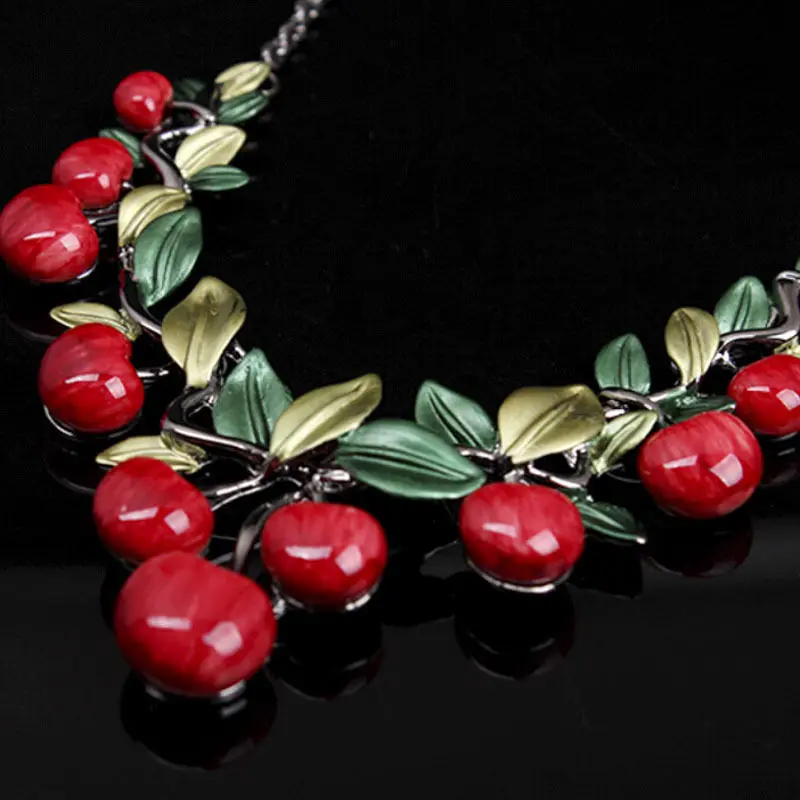 Trendy Women Party Jewelry Set Cherry Leaf Shape Sweet Female Stud Earring Choker Statement Necklace Collar (Color: Red